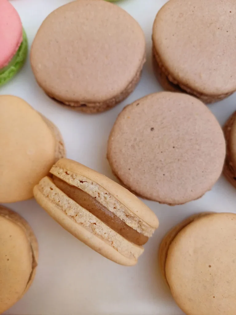 Macarons Spéculoos sur fond blanc avec en arrière blanc les macarons au chocolat