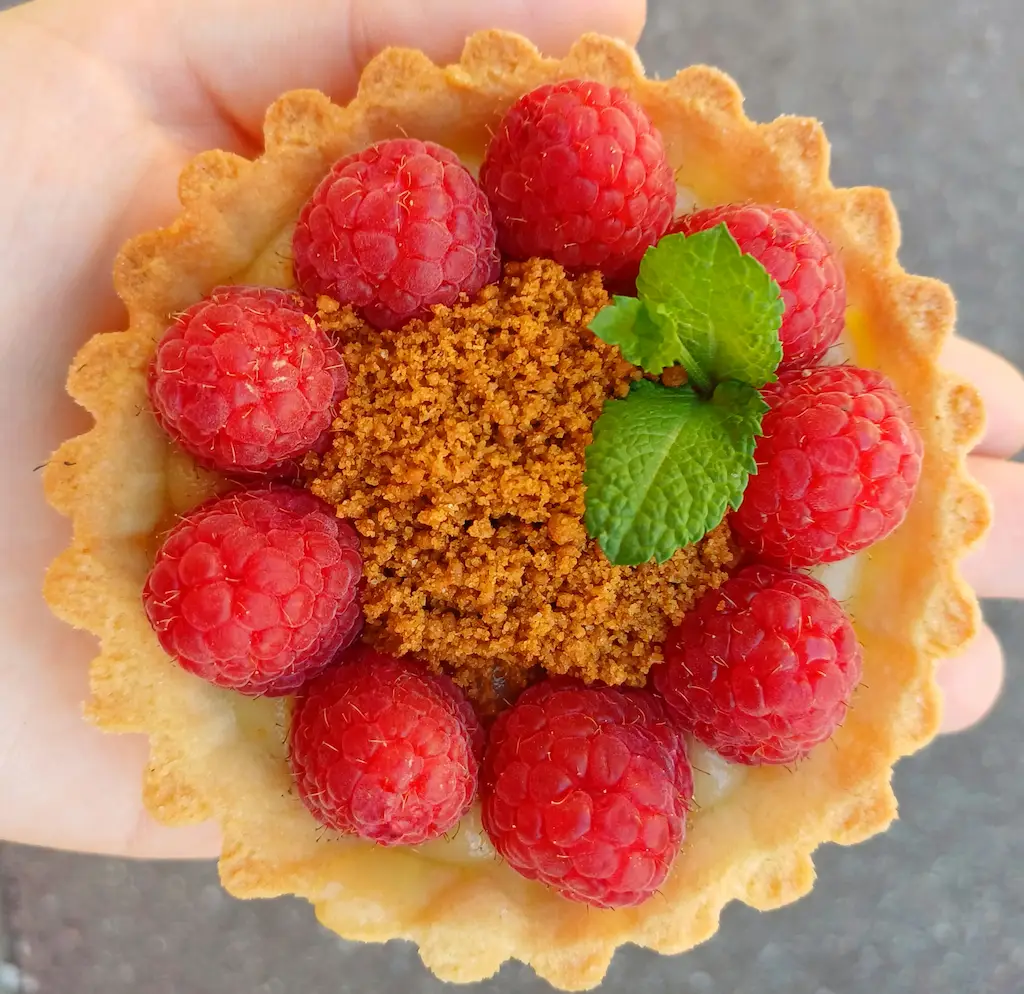 Tartelette citron, spéculoos, framboise sur fond arborer