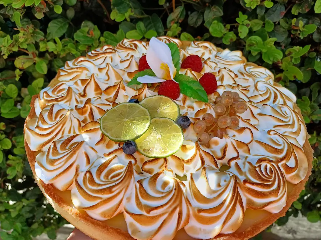 Tarte au citron meringué sur fond arboré